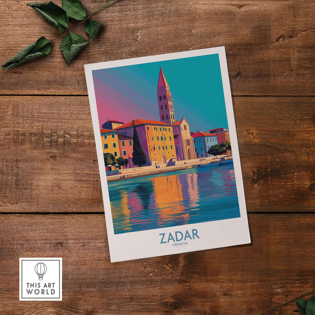Zadar Croatia Art Print showcasing vibrant coastal cityscape with rich colors and historic architecture.