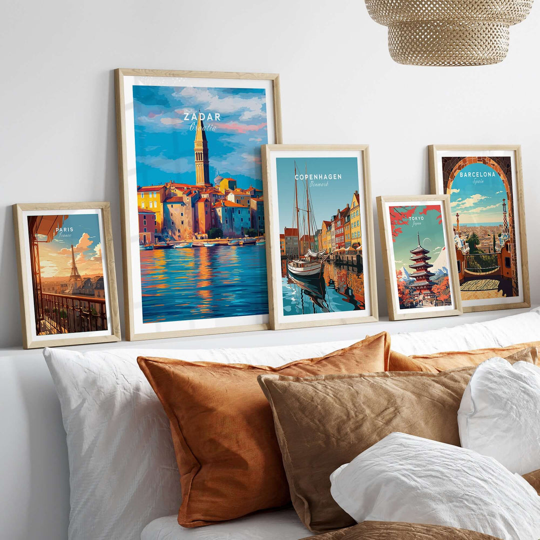 Zadar Poster | Croatian Travel Wall Art displayed among other travel posters on a stylish living room wall.