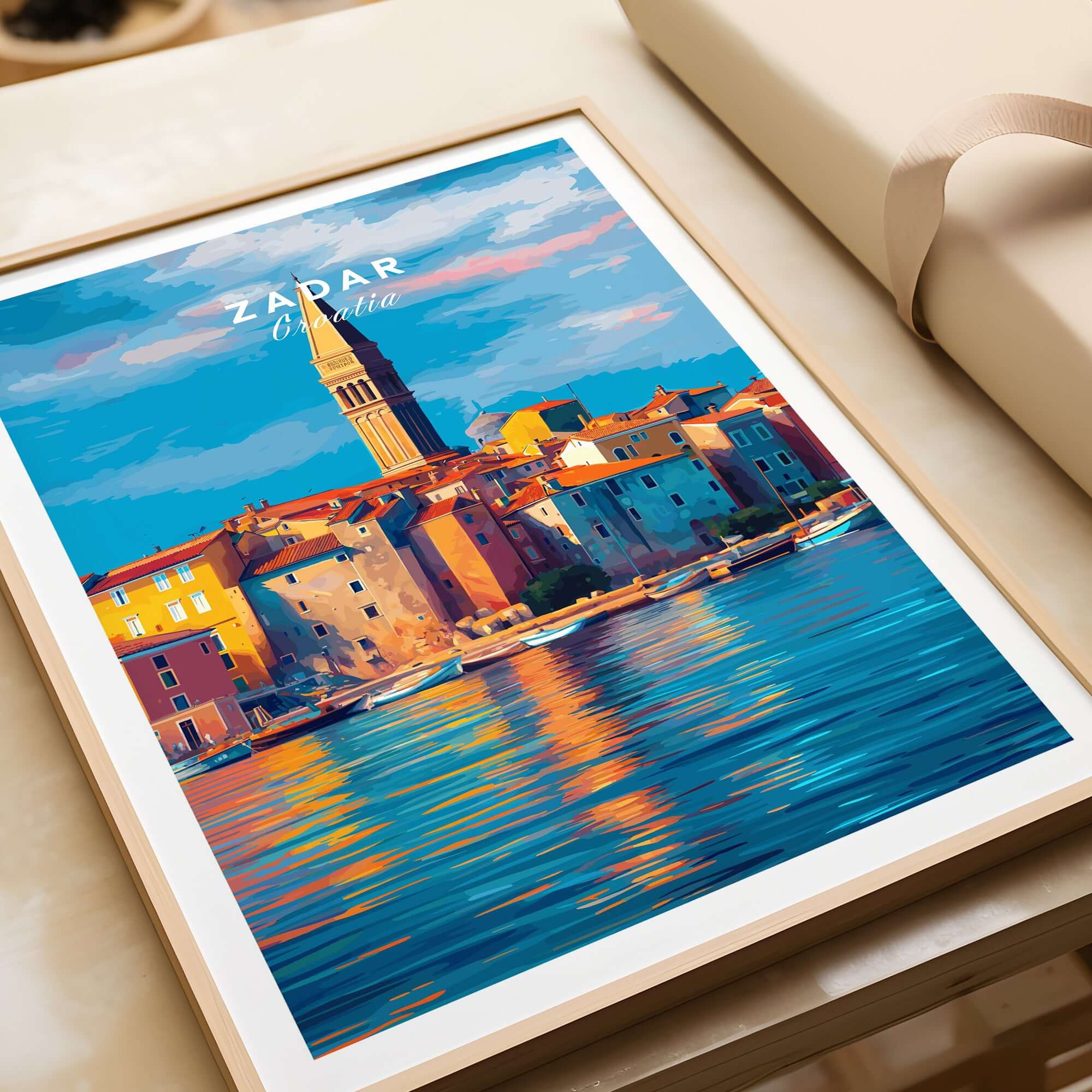 Zadar Poster | Croatian Travel Wall Art featuring colorful coastal architecture and reflections on water.