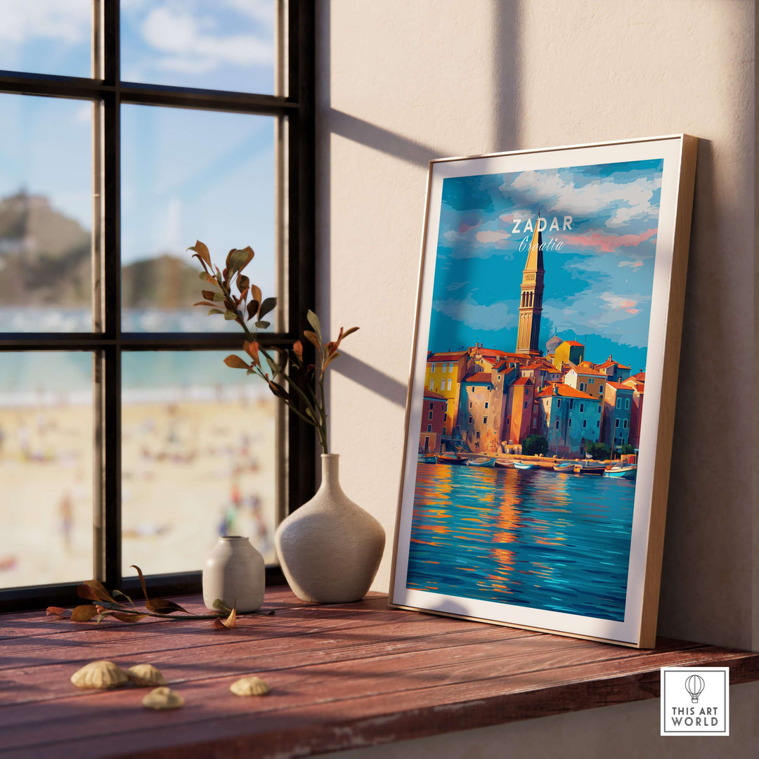 Zadar Poster | Croatian Travel Wall Art framed by a sunny window with a beach view.