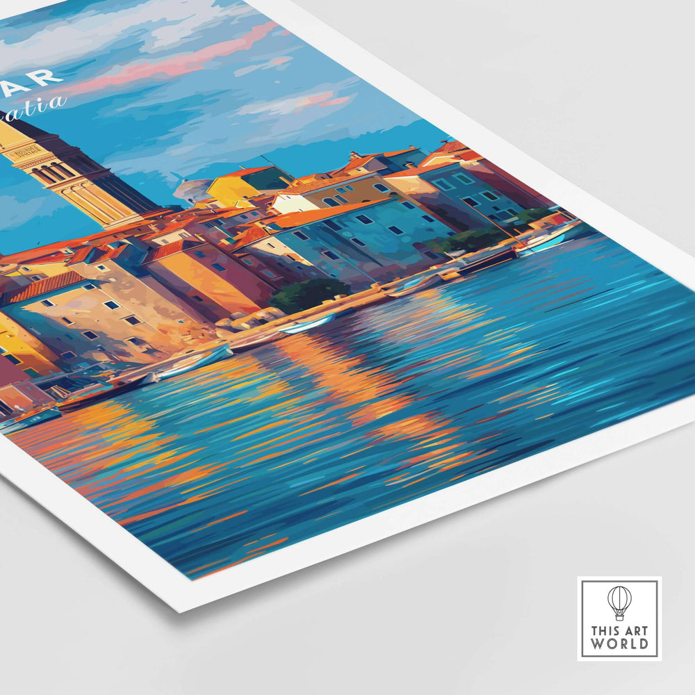 Zadar Poster | Croatian Travel Wall Art showcasing the colorful coastal city of Zadar and its reflections on water.