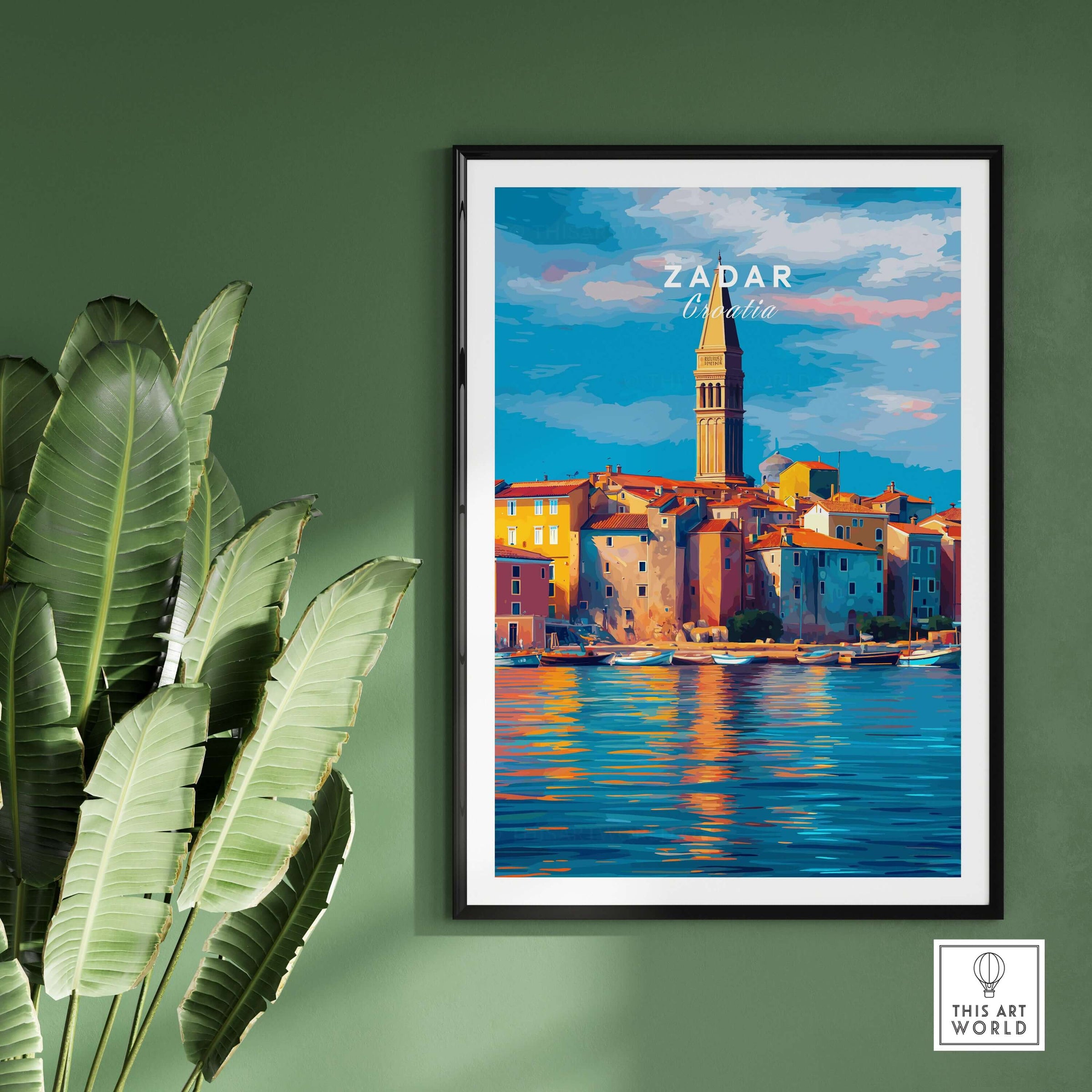 Zadar Poster | Croatian Travel Wall Art featuring colorful coastal buildings and a tower beside a serene water view.