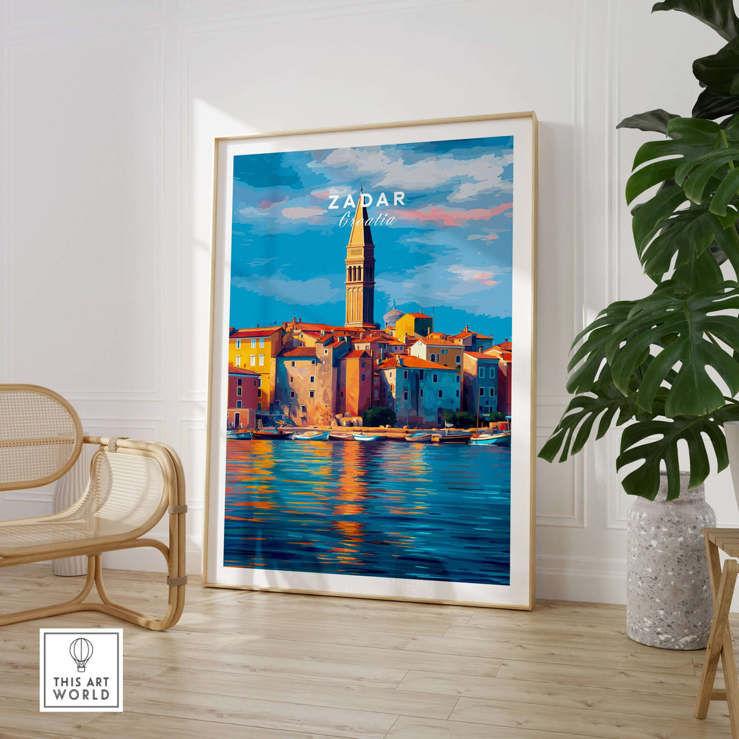 Zadar Poster | Croatian Travel Wall Art featuring a colorful seaside view of Zadar, Croatia reflected in water.
