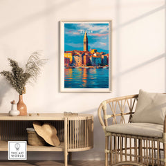 Zadar Poster | Croatian Travel Wall Art framed in a modern living room, highlighting Croatia's scenic coastal beauty.
