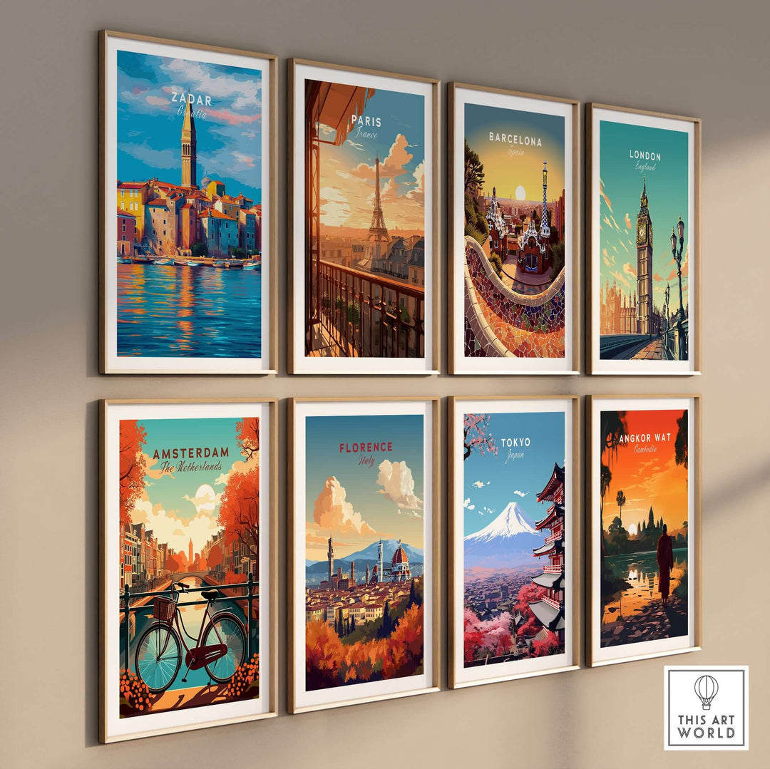 Zadar Poster | Croatian Travel Wall Art displayed among various city travel posters in a stylish home setting.