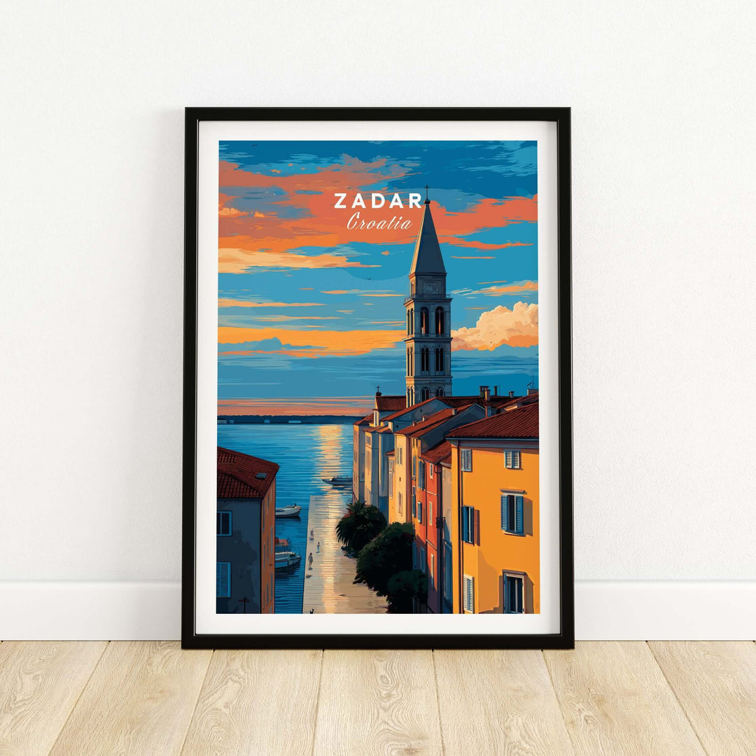 Zadar Poster - Dalmatian Coast Twilight View Print | Croatian Home Decor showcasing a vibrant twilight scene of Zadar, Croatia.