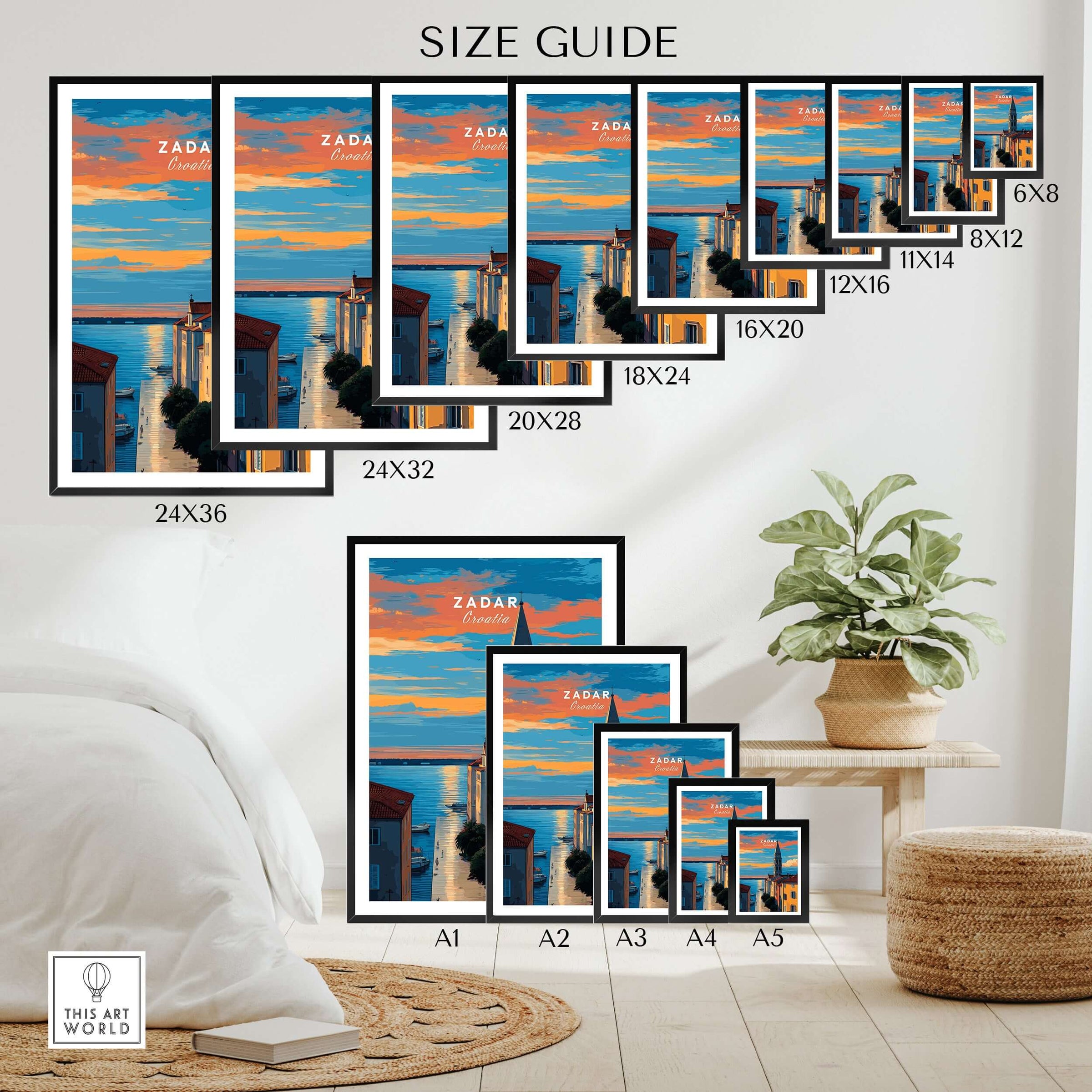 Zadar Poster - Dalmatian Coast Twilight View Print | Croatian Home Decor size guide showcasing various frame options.