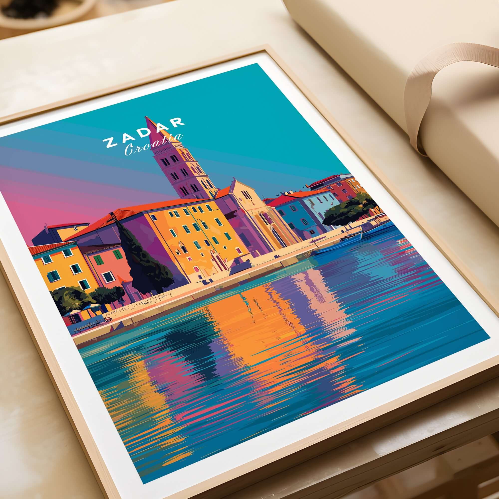 Zadar Print | Vibrant Croatian City Wall Decor featuring colorful buildings reflected in water.