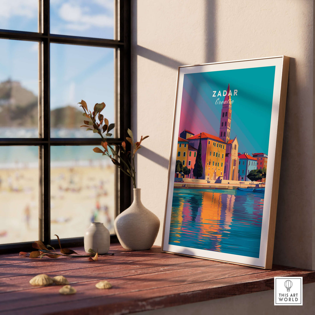 Zadar Print | Vibrant Croatian City Wall Decor displayed in a stylish interior, showcasing colorful architecture.