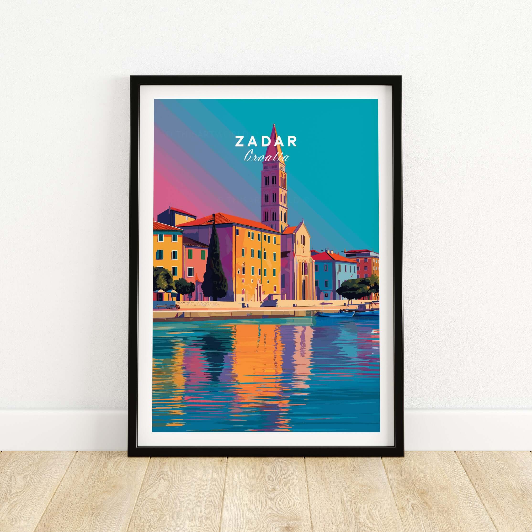 Zadar Print | Vibrant Croatian City Wall Decor showcasing colorful architecture and reflection on water.
