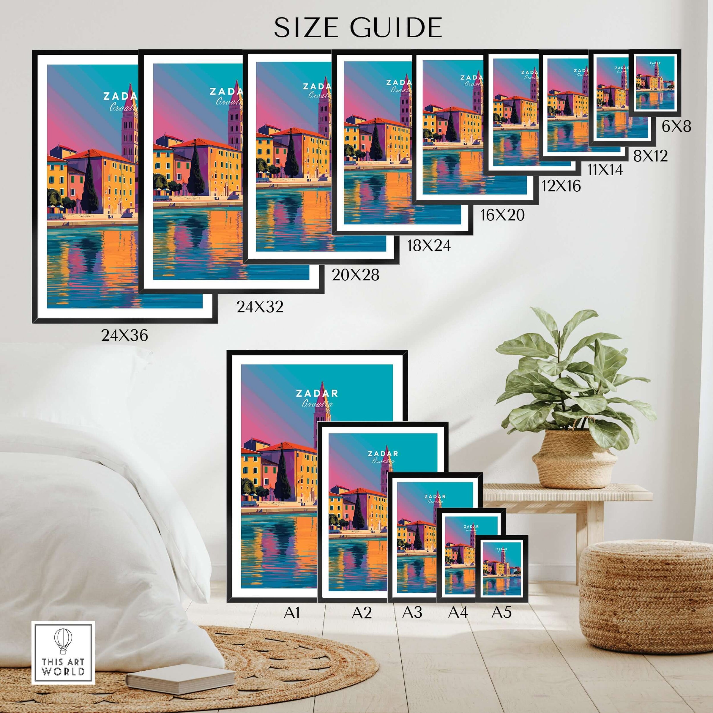 Zadar Print | Vibrant Croatian City Wall Decor size guide showcasing various print dimensions