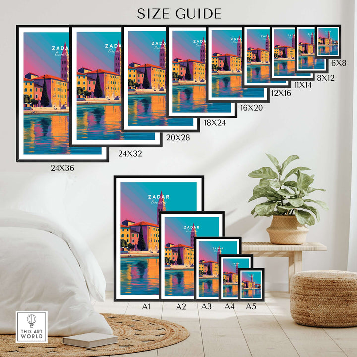 Zadar Print | Vibrant Croatian City Wall Decor size guide showcasing various frame sizes.