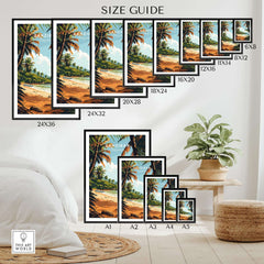 Zanzibar Poster size guide showing various dimensions and framing options for the beach scene print.