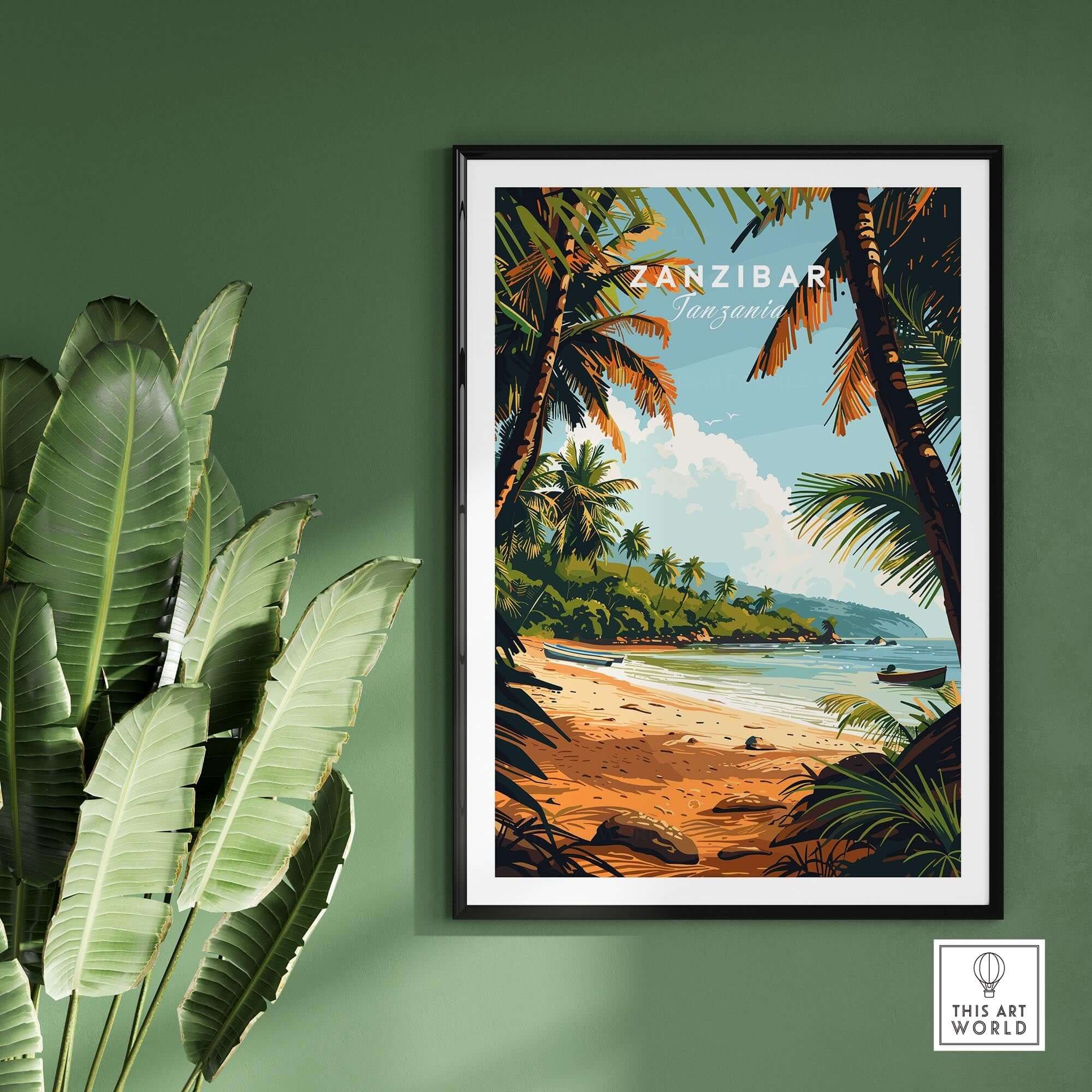 Zanzibar Poster depicting a tropical beach scene with palm trees and vibrant colors for travel lovers.