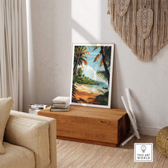 Zanzibar Poster showcasing a beautiful beach scene with palm trees in a stylish interior setting.