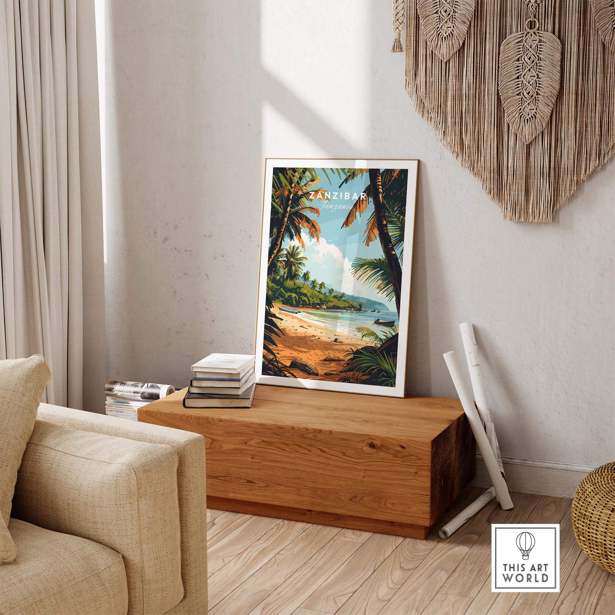 Zanzibar Poster showcasing a beautiful beach scene with palm trees in a stylish interior setting.