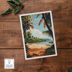 Zanzibar Poster showcasing a tropical beach scene with palm trees on a rustic wooden background.
