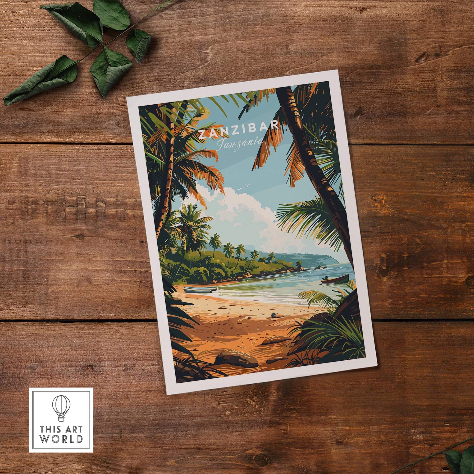 Zanzibar Poster showcasing a tropical beach scene with palm trees on a rustic wooden background.