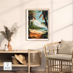 Zanzibar Poster featuring a stunning beach scene with palm trees in a stylish living room setting.