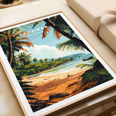 Zanzibar Poster showcasing a tropical beach scene with palm trees and vibrant colors, perfect for travel lovers.