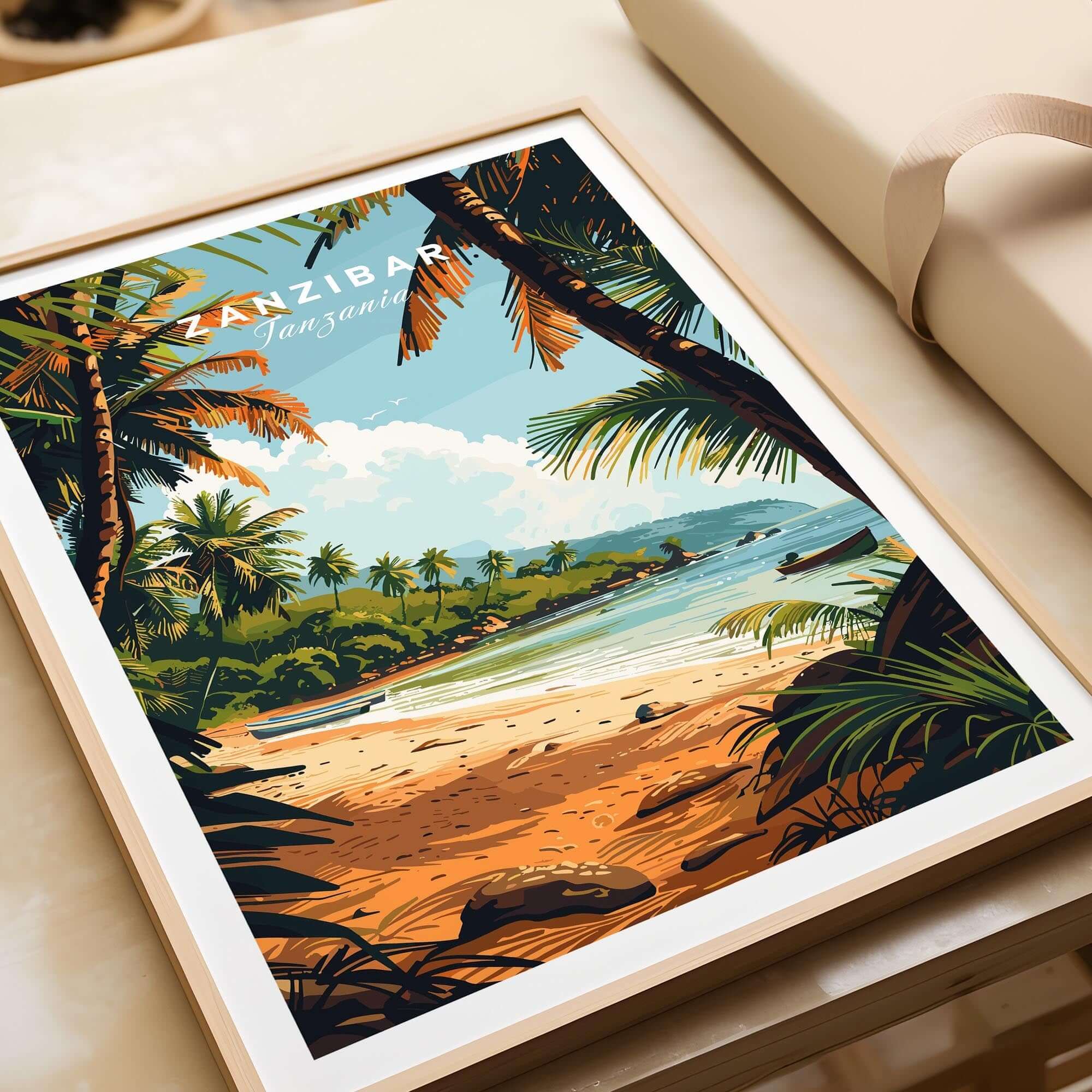 Zanzibar Poster showcasing a tropical beach scene with palm trees and vibrant colors, perfect for travel lovers.