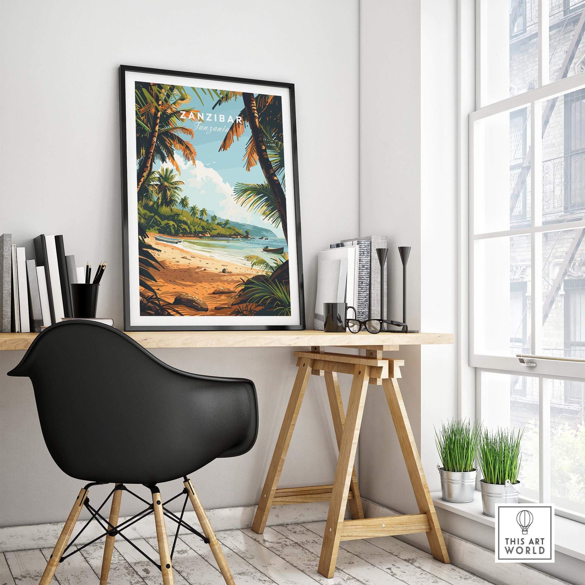 Zanzibar Poster showcasing a tropical beach scene with palm trees in a modern office setting.