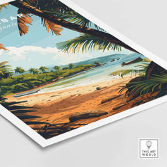 Zanzibar Poster featuring a beautiful beach scene with palm trees and tropical vibes, perfect for travel enthusiasts.
