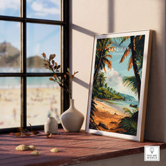 Zanzibar Poster framed on a windowsill with a beach scene and palm trees, perfect for travel enthusiasts.