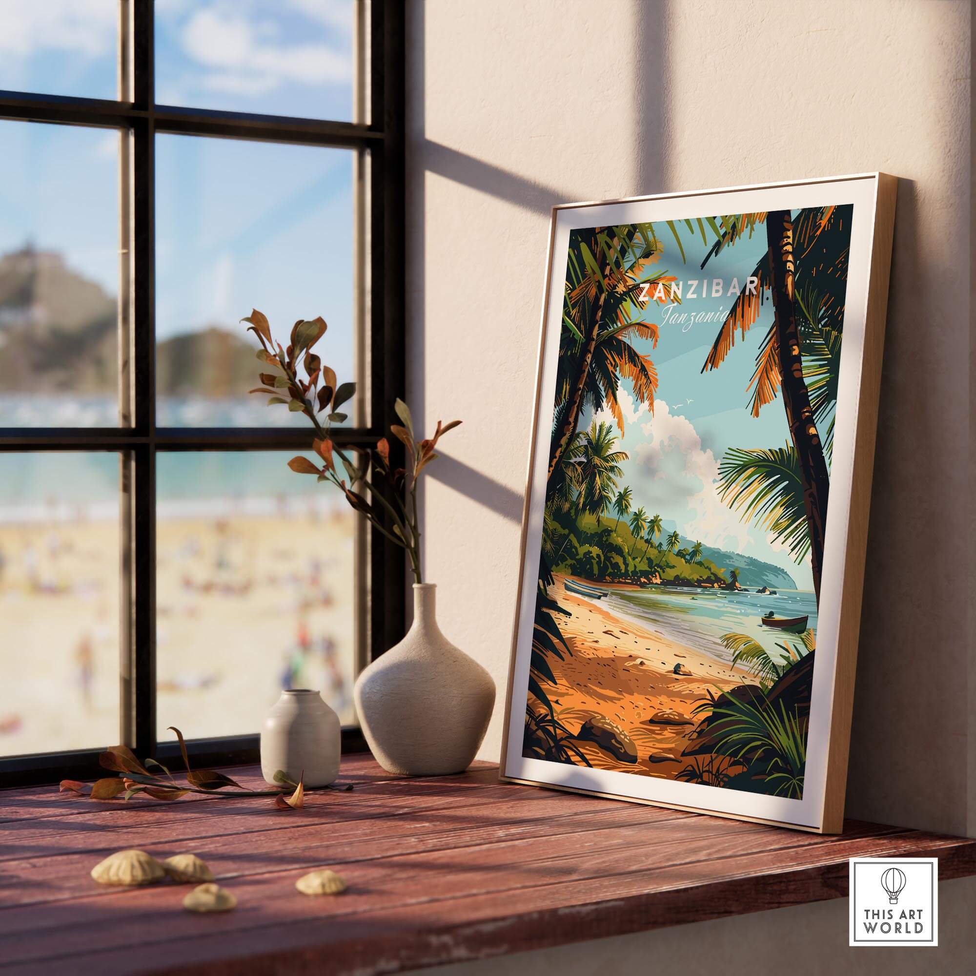 Zanzibar Poster framed on a windowsill with a beach scene and palm trees, perfect for travel enthusiasts.
