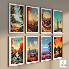Collage of travel posters including Zanzibar Poster, Paris, Barcelona, London, Amsterdam, Florence, Tokyo, and Angkor Wat.