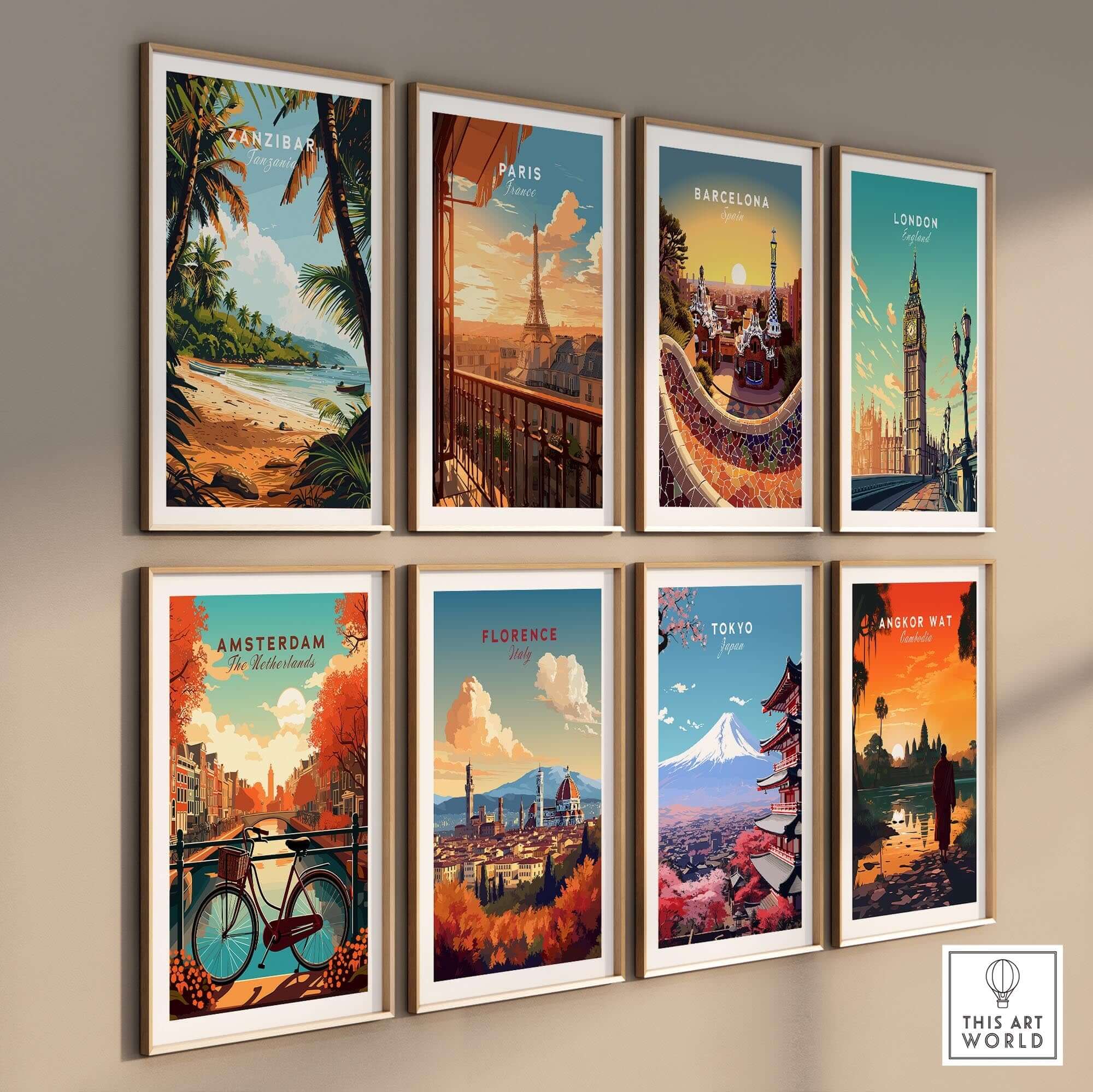 Collage of travel posters including Zanzibar Poster, Paris, Barcelona, London, Amsterdam, Florence, Tokyo, and Angkor Wat.