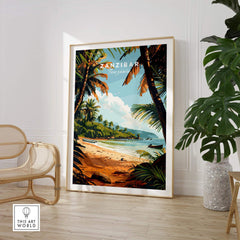 Zanzibar Poster featuring a beautiful beach scene with palm trees, ideal for travel enthusiasts.