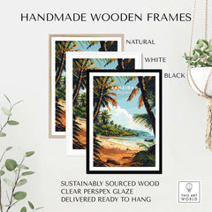Handmade wooden frames for Zanzibar Poster in natural, white, and black with a stunning beach scene.
