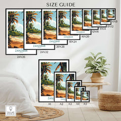 Zanzibar Poster - Tanzania size guide displayed on various frame sizes with tropical beach artwork.