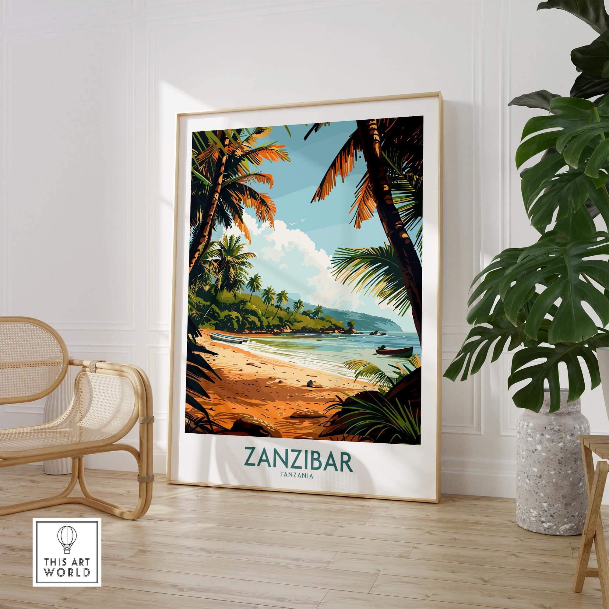 Zanzibar Poster -  Tanzania showcasing a serene beach scene with palm trees, perfect for home decor.