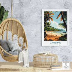 Zanzibar Poster -  Tanzania displayed in a cozy room with a beach scene, enhancing home decor and travel inspiration.