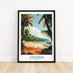 Zanzibar Poster -  Tanzania showcasing a vibrant beach scene with palm trees and serene ocean views.