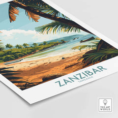 Zanzibar Poster - Tanzania showcasing a serene beach scene and tropical vegetation in vibrant colors.