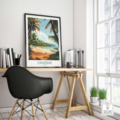 Zanzibar Poster - Tanzania displayed in a stylish office setting, capturing the beauty of a tropical beach.