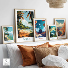 Zanzibar Poster - Tanzania displayed among other travel prints in a stylish interior setting.