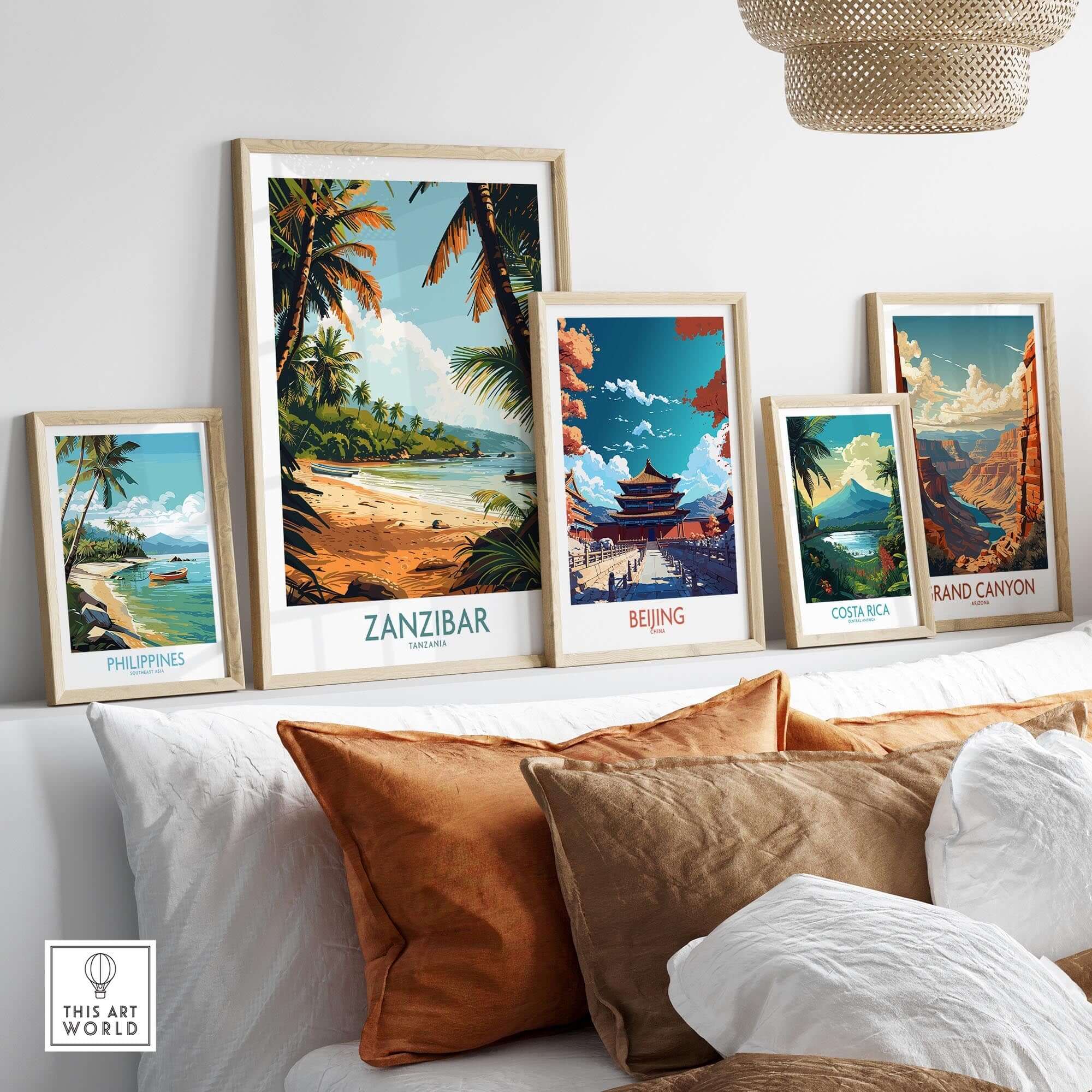 Zanzibar Poster - Tanzania displayed among other travel prints in a stylish interior setting.