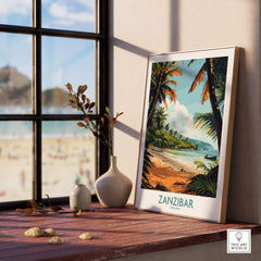 Zanzibar Poster - Tanzania displayed on a windowsill, showcasing a beautiful beach scene from Zanzibar, Tanzania.