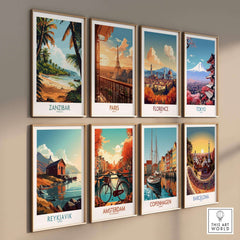 Zanzibar Poster - Tanzania displayed among other travel posters like Paris, Florence, and Tokyo on a wall.