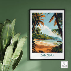 Zanzibar Poster - Tanzania featuring a stunning beach scene and tropical plants in a stylish room.