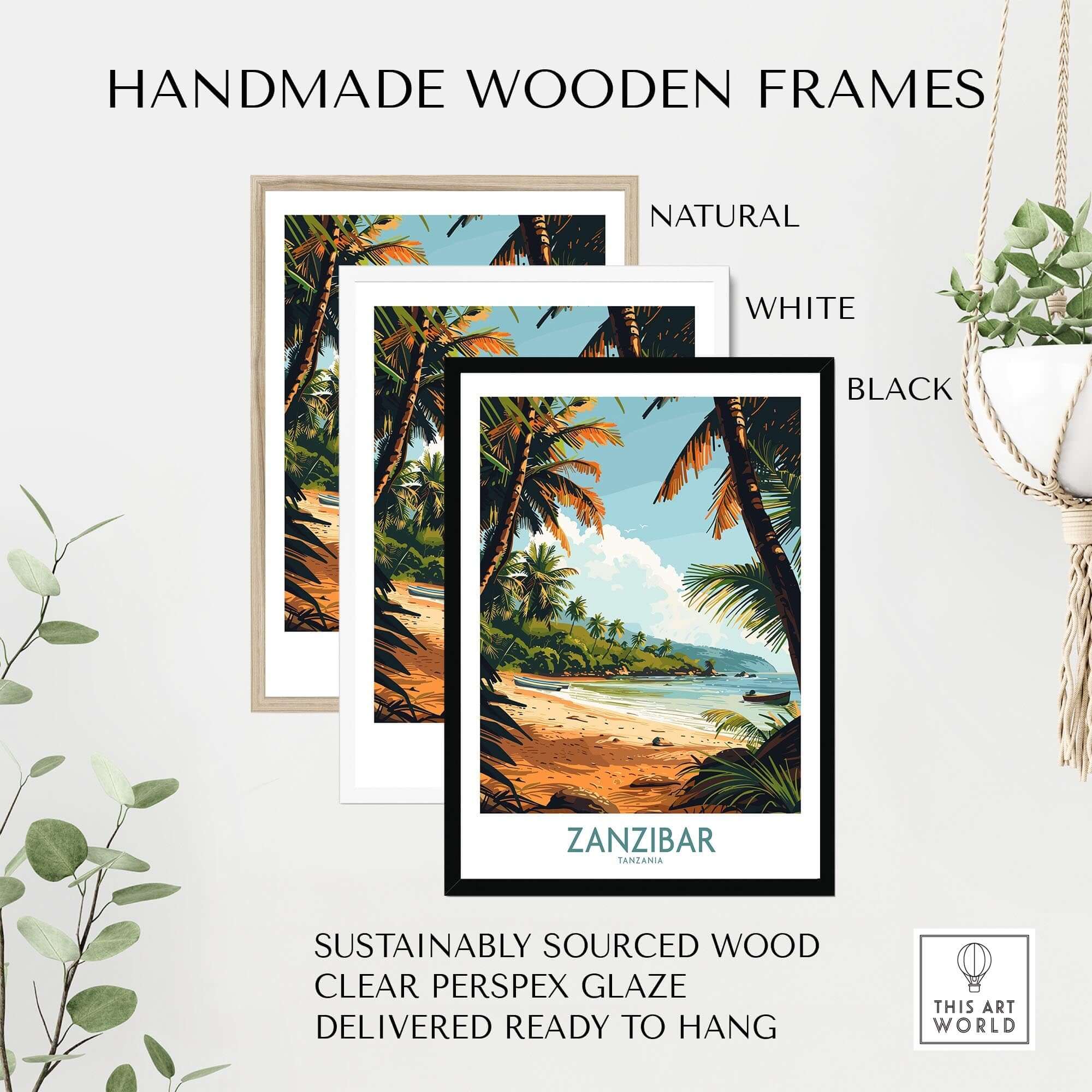 Zanzibar Poster -  Tanzania in handmade wooden frames; natural, white, and black options showcased.