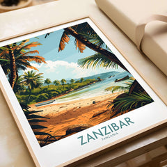 Zanzibar Poster - Tanzania showcasing a serene beach scene with palm trees and vibrant colors.