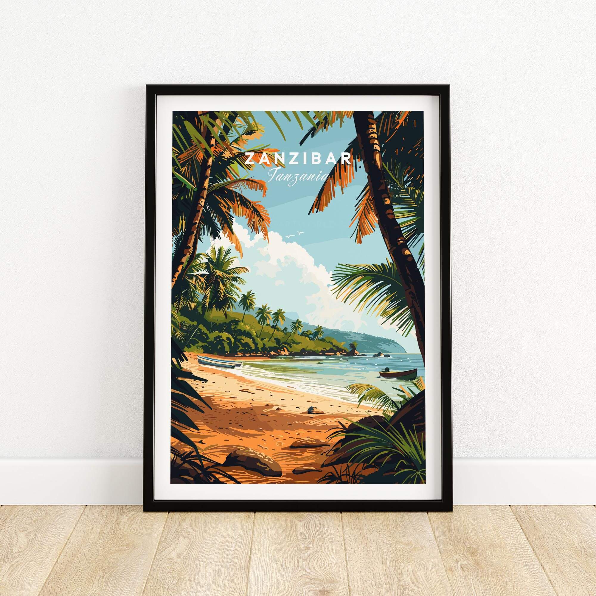 Zanzibar Poster featuring a tropical beach scene with palm trees and ocean, perfect for travel enthusiasts.