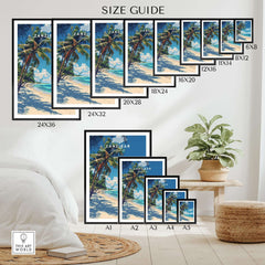 Zanzibar Print size guide showcasing different frame sizes for stunning Tanzania wall art.