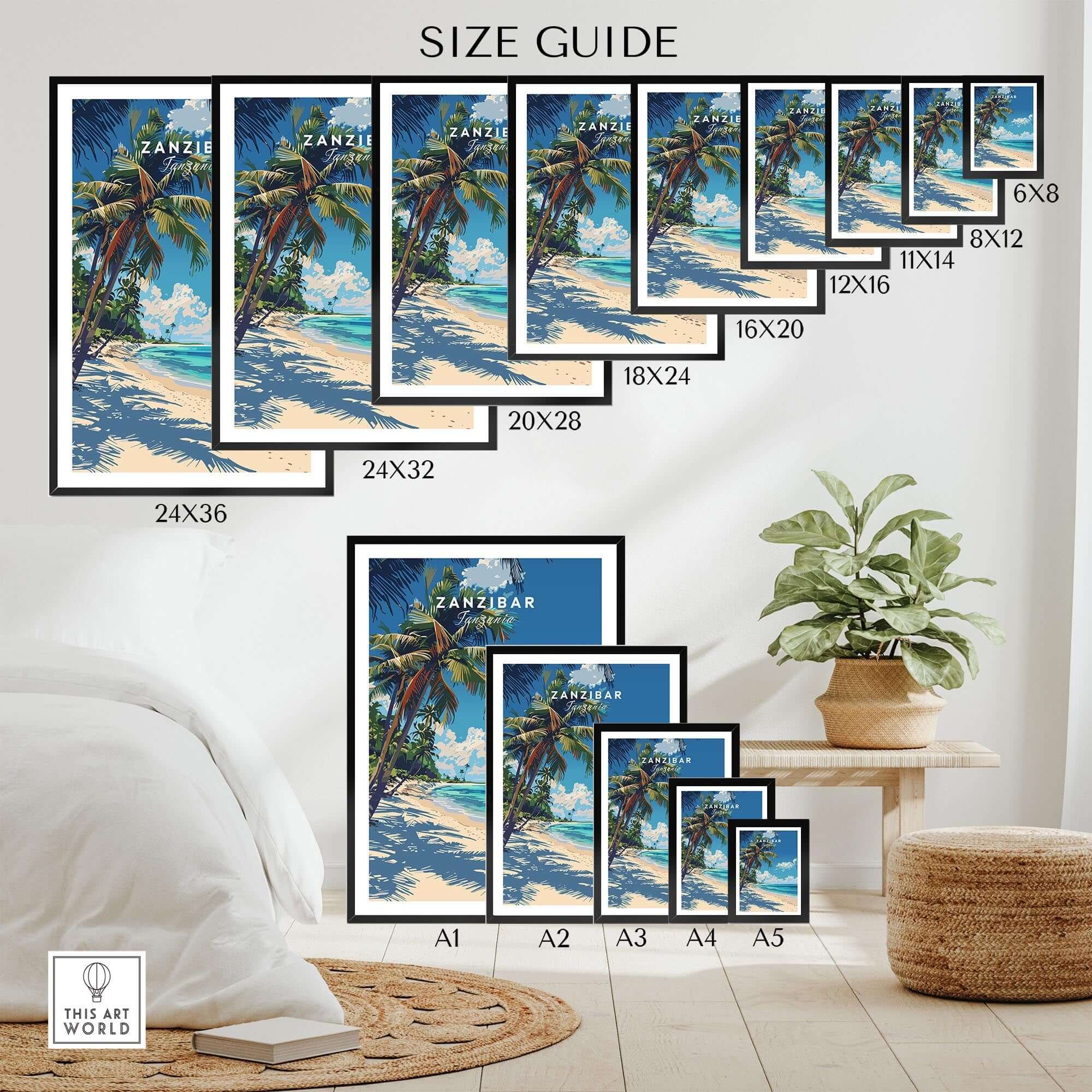 Zanzibar Print size guide showcasing different frame sizes for stunning Tanzania wall art.