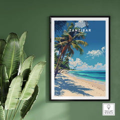 Zanzibar Print showcasing palm trees, ocean, and beach on a tropical wall art piece.